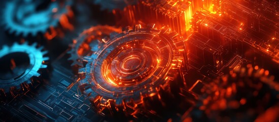 Obraz premium Close up of a glowing, orange, metallic gear with intricate detail set against a dark background with other gears and wires.