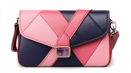 Stylish quilted leather handbag with pink and navy patchwork design
