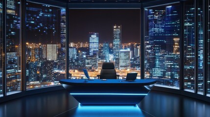 A contemporary news studio with a blue table and black chair, with a stunning cityscape view at night, creating an urban and dynamic backdrop