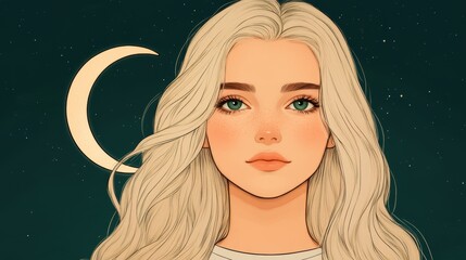 Celestial beauty: illustration of woman with moon and starry night