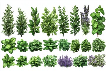 Various herbs and leafy plants arranged in an artistic display.