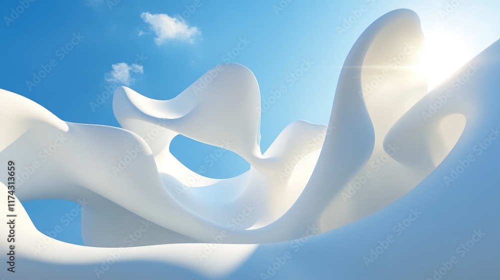 Poster a creative 3d design featuring white abstract forms floating against a vibrant blue sky, with the su
