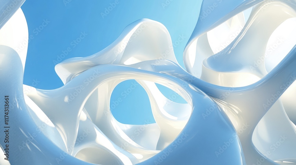 Poster a creative 3d design featuring white abstract forms floating against a vibrant blue sky, with the su