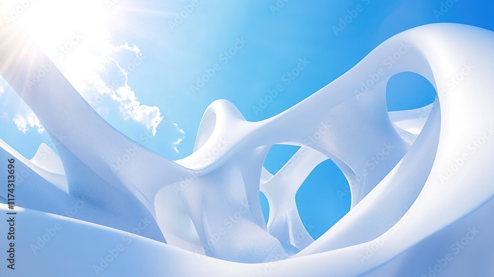 Poster a creative 3d design featuring white abstract forms floating against a vibrant blue sky, with the su