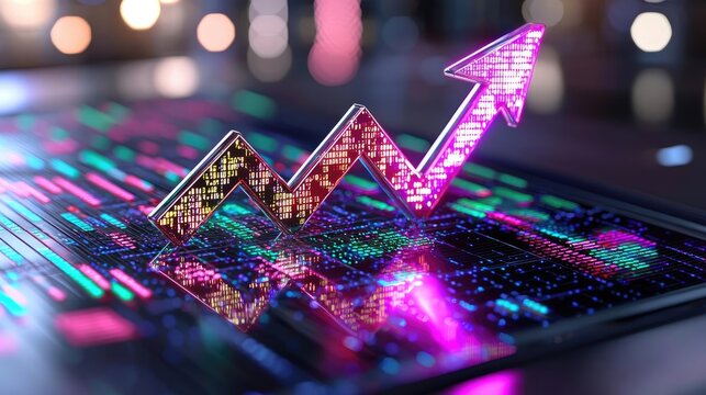Advanced holographic data chart, upward arrow glow, modern percentage analytics, abstract background