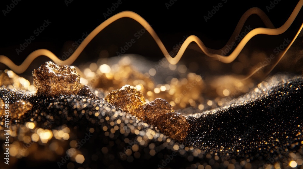 Aufkleber A dark background highlighting a pile of gold nuggets with a fluctuating line graph in the foreground, representing the rising and falling trends in gold prices and investments