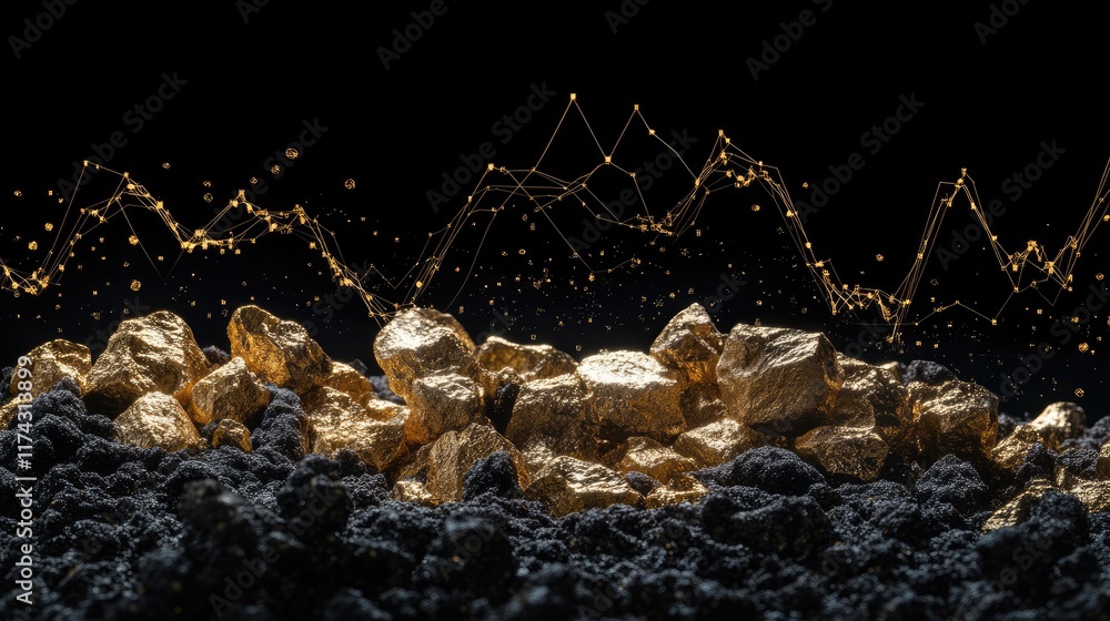 Aufkleber A dark background highlighting a pile of gold nuggets with a fluctuating line graph in the foreground, representing the rising and falling trends in gold prices and investments