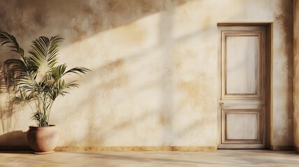 An empty room with a stucco wall, a potted plant, and a closed door serves as an interior background in