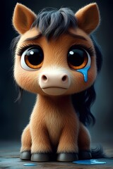 A cute cartoon-like depiction of a small horse with large eyes and a tear on its face. The illustration captures a sense of sadness and tenderness, with soft colors and a charming style.