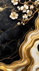 Naklejka premium Elegant gold and black marble background with white flowers.