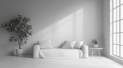 empty room with window living room interior wall mock up in natural grey tones with sofa plant and table