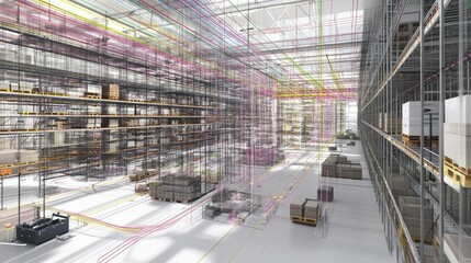 Fototapeta premium A detailed warehouse map showing color-coded lines linking different parts of the world, representing the vast global network of a company distribution system