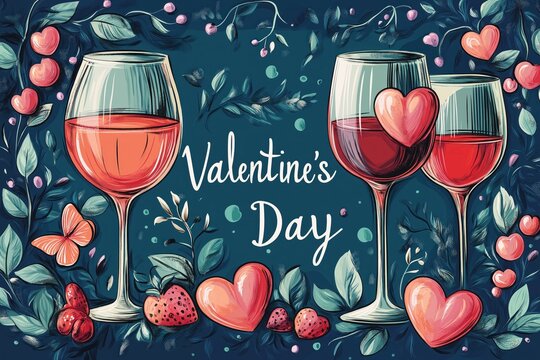 Celebre o amor com um brinde! Ilustração elegante para o Dia dos Namorados com a frase "Valentine's Day" ao lado de taças de vinho adornadas com folhas e corações