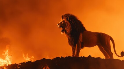 Majestic lion roaring amidst dramatic fiery orange background