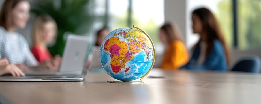 Students from different continents in a virtual meeting room with a 3D globe centerpiece, representing online global education