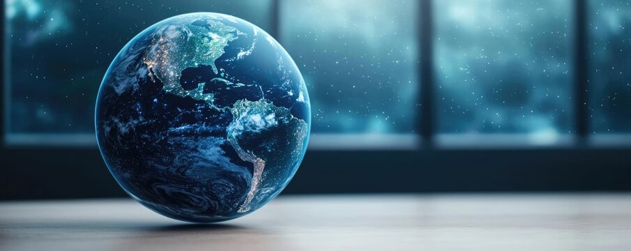 A digital classroom with a giant 3D interactive globe, showing the role of technology in global education