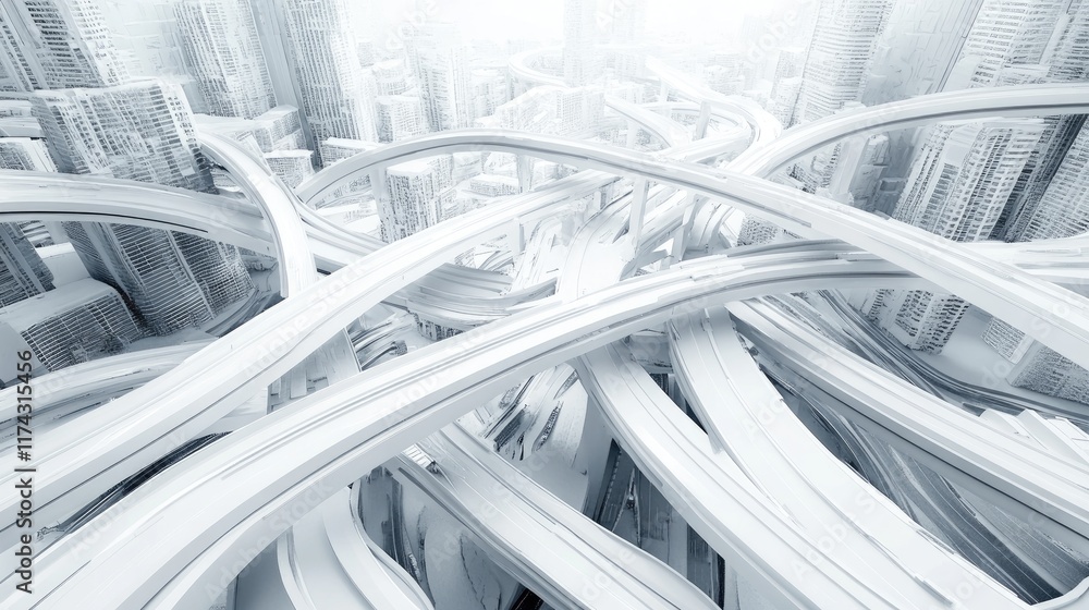 Poster a futuristic 3d white map scene showing city roads and buildings, designed for architectural plannin
