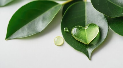 Essential oil droplets forming a heart shape on a leaf, representing love for nature and self-care