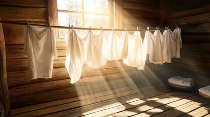 A foldable clothesline filled with white linens drying in a rustic, sunlit interior
