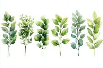 A collection of watercolor illustrations of various green leaves arranged in a row.
