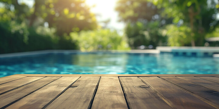 Wooden surface, hotel pool background in summer