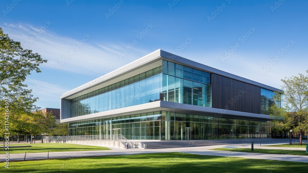 Poster A modern building with minimalist design and clean edges, showcasing contemporary architecture at its finest with large glass windows and open spaces