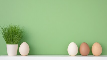 Fototapeta premium Minimalist green interior with decorative eggs and plant on shelf