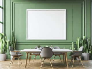 Green wall dining room with large blank frame, table, and chairs.