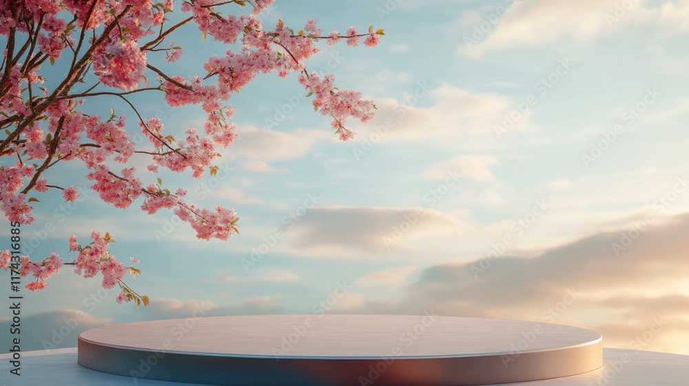 Poster empty round podium platform stand for product presentation and spring flowering tree branch with pin