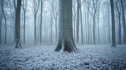 Naklejka premium A serene winter forest scene shrouded in fog and snow, creating a tranquil atmosphere.