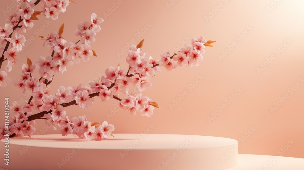 Poster empty round podium platform stand for product presentation and pink spring flowering sakura branch w