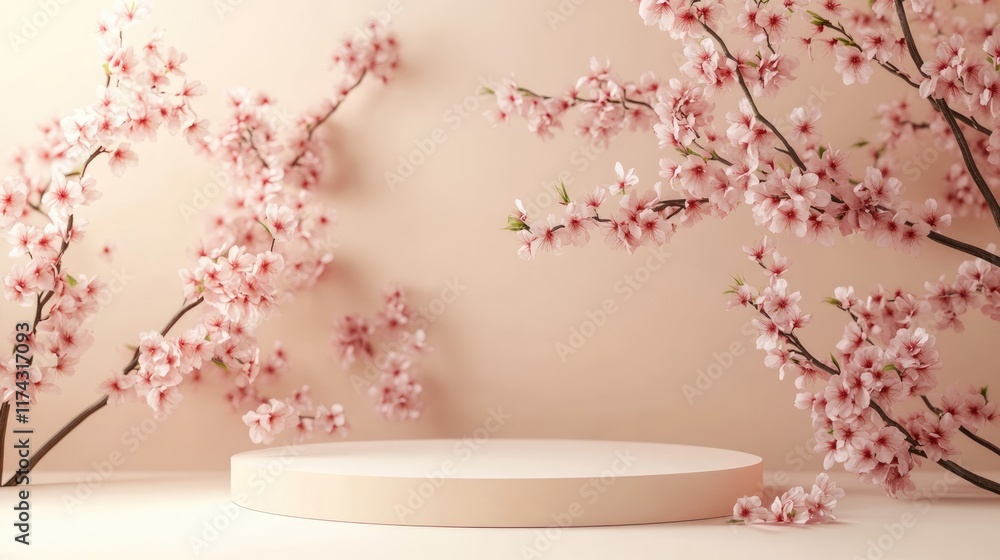 Poster empty round podium platform stand for product presentation and pink spring flowering sakura branch w
