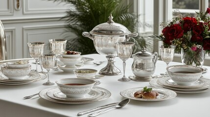 Elegant white and gold dinnerware set perfect for formal dining. Ideal for special occasions and upscale events.