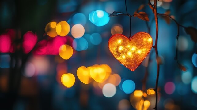 Fundo noturno com tema de amor. Cora&ccedil;&atilde;o pendurado em galhos secos em destaque, com luzes desfocadas ao fundo