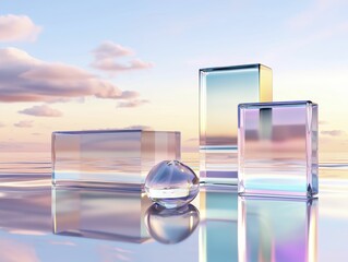 A serene composition of translucent geometric shapes reflecting soft pastel colors against a tranquil sky and water surface.