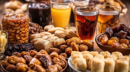 A table laden with traditional Middle Eastern and North African sweets and drinks perfect for Ramadan or Eid celebrations.  Use it for food blogs or restaurant menus.