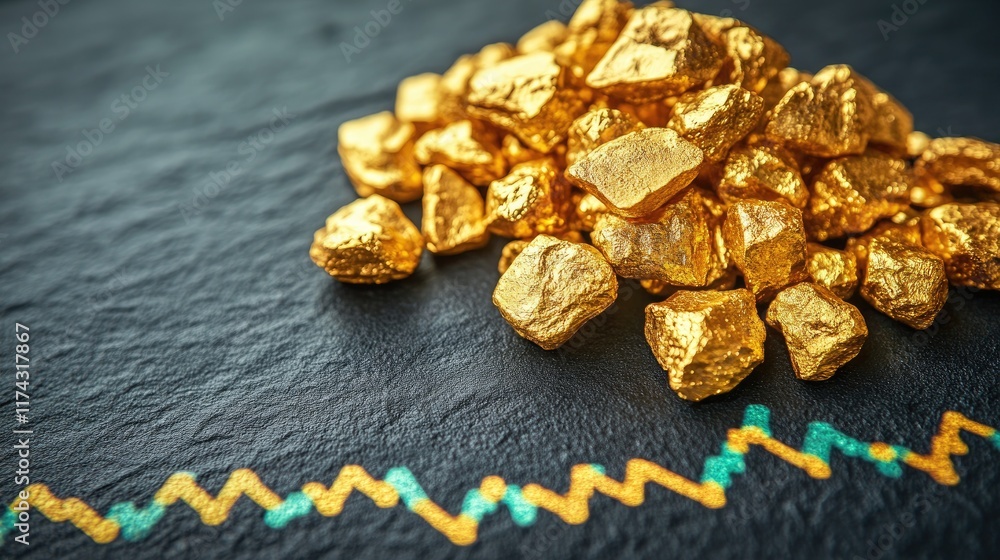 Poster A pile of gleaming gold nuggets resting on a dark surface, accompanied by a fluctuating line graph, symbolizing trends in gold prices and investment