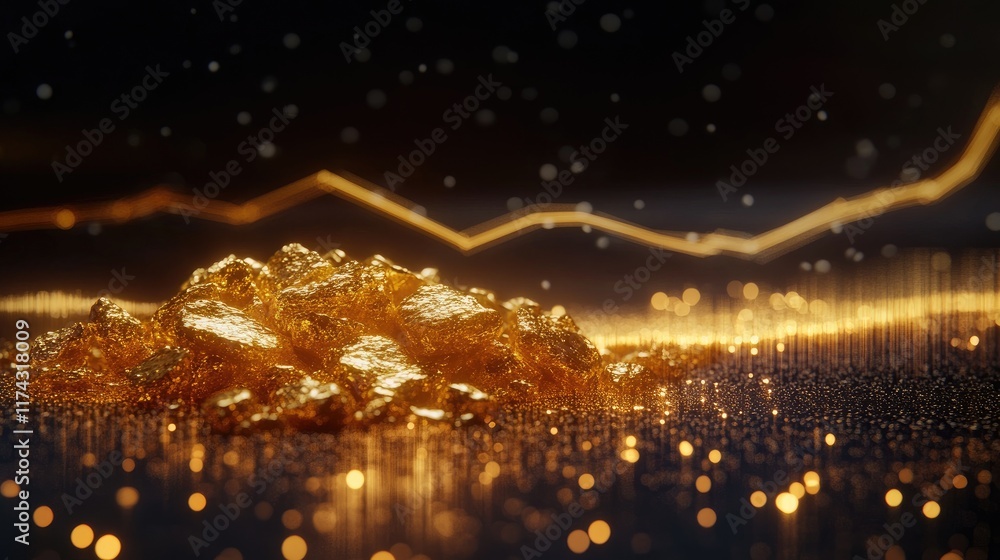Poster a pile of gleaming gold nuggets resting on a dark surface, accompanied by a fluctuating line graph, 