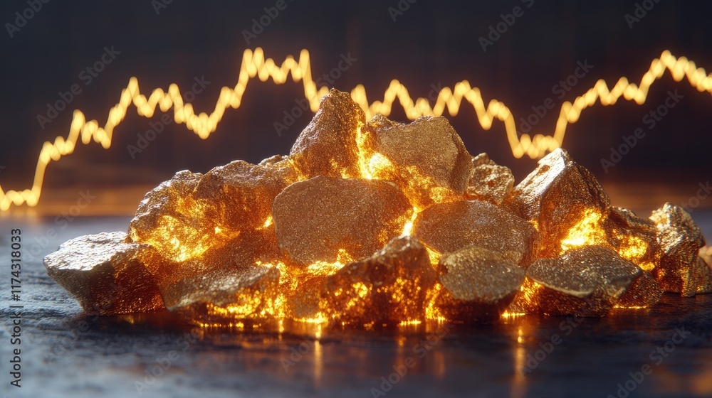 Poster a pile of shining gold nuggets on a dark surface, with a digital line graph showing fluctuating pric