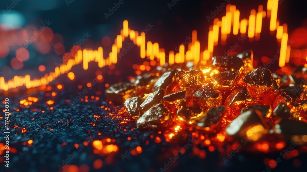 Poster a pile of shining gold nuggets on a dark surface, with a digital line graph showing fluctuating pric