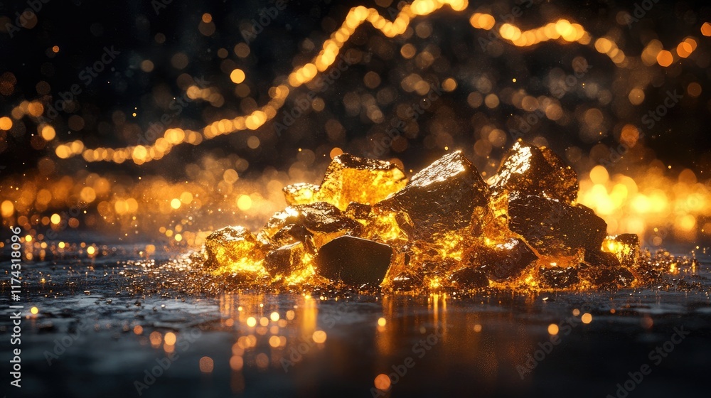 Poster a pile of shining gold nuggets on a dark surface, with a digital line graph showing fluctuating pric