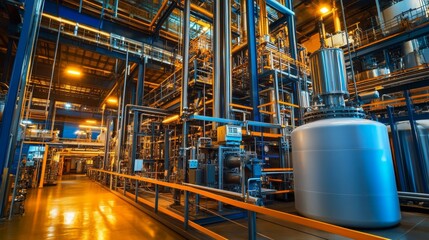 A futuristic polymer manufacturing plant utilizing material science advancements, focusing on creating lightweight, durable polymer products for modern industries, with advanced machinery in action