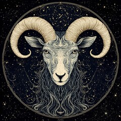 A ram with large, curved horns, set against a starry night sky with a circular frame around its head.