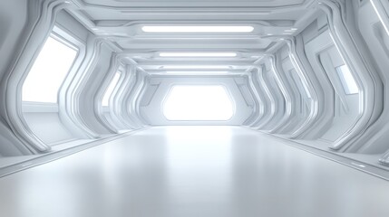Obraz premium Empty space inside futuristic room, showroom, spaceship, hall or studio in perspective view. Include ceiling, hidden light, white floor. Modern background design of future, technology.