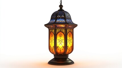 Ornate lantern with intricate metalwork and colored glass panels emitting a warm glow. Ideal for Ramadan or Islamic-themed scenes.