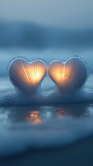 Fototapeta premium Glowing heart shaped seashells reflecting on the calm blue waters of a tranquil underwater scene creating a surreal and romantic atmosphere The soft