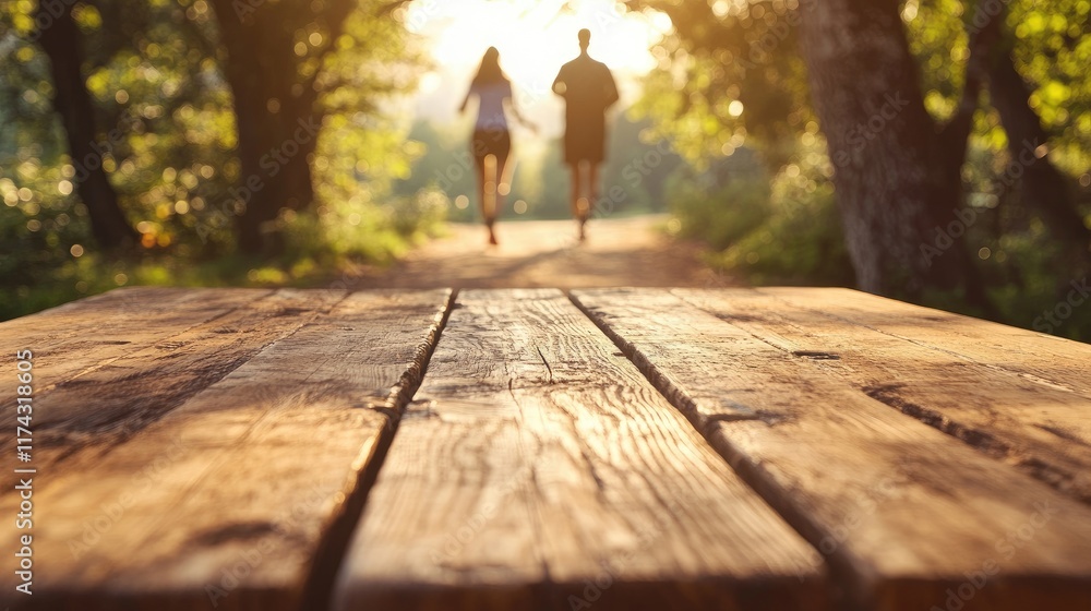 Poster a rustic wooden table in focus with a soft blur of a jogger couple in the morning sun, capturing the