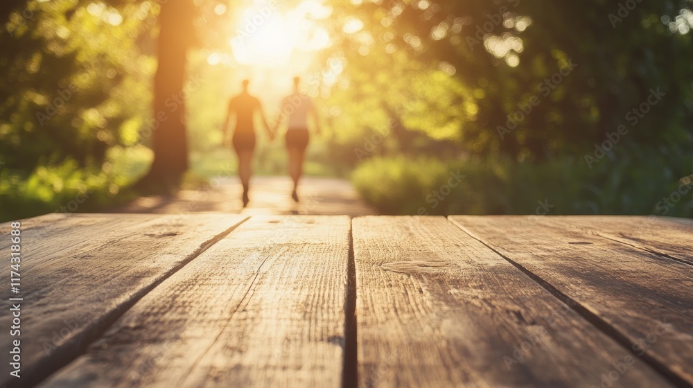 Poster a rustic wooden table in focus with a soft blur of a jogger couple in the morning sun, capturing the