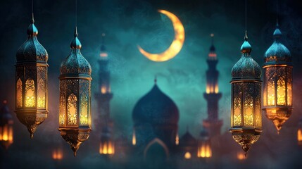 Obraz premium Ramadan, Crescent, Peace. Illuminated lanterns with a crescent moon over a mosque at night.