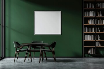 Green wall, round table, four chairs, bookshelves, mockup.